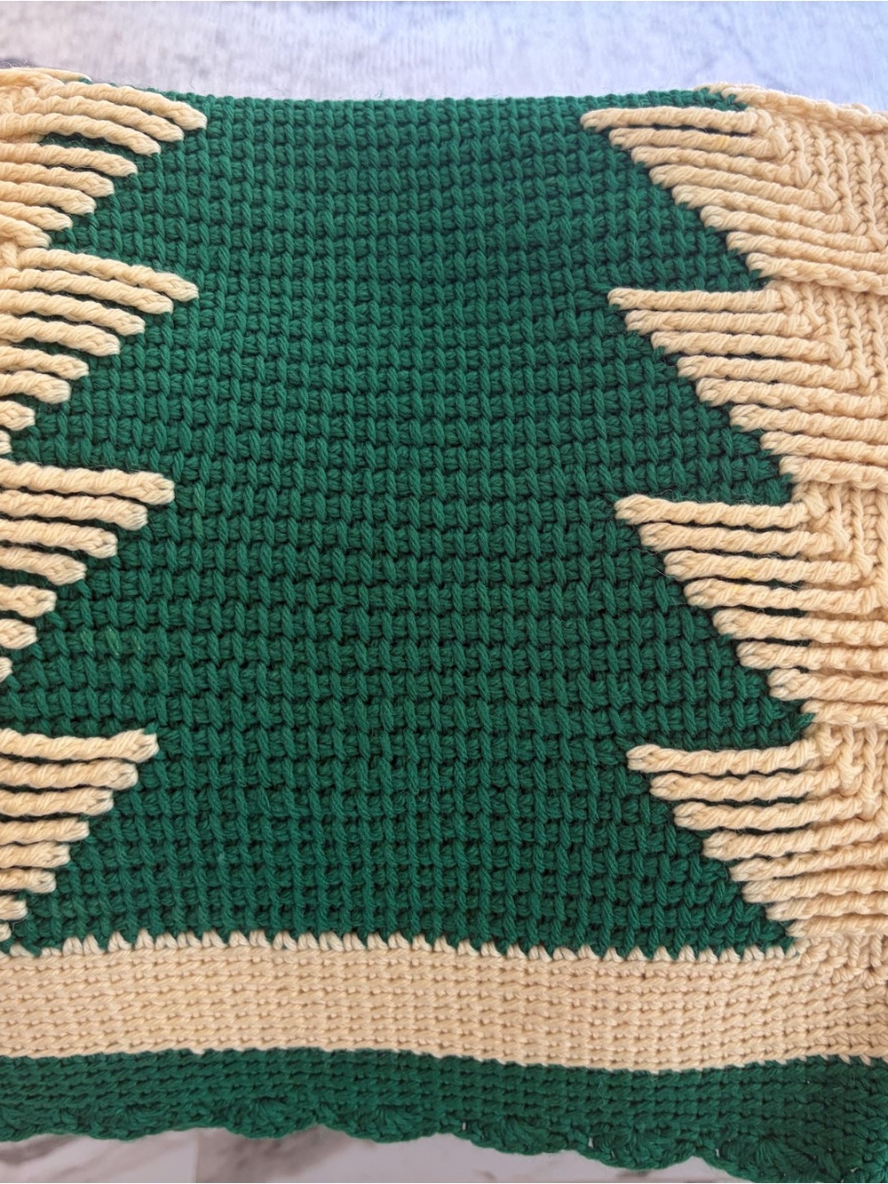 Vintage Handmade Crochet Afghan Throw Green Cream 62 x 42” (approx)
